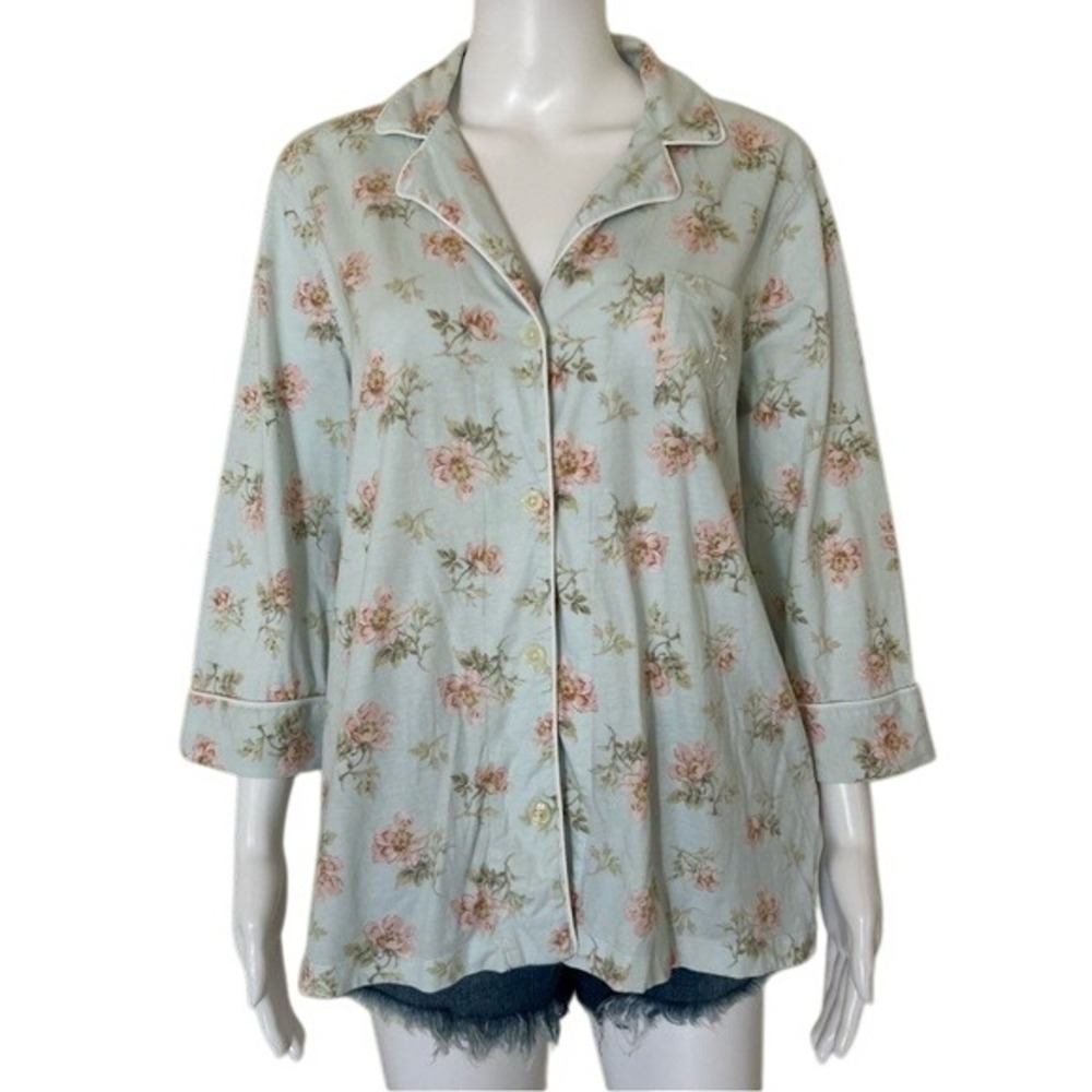 Lauren Ralph Lauren Light Blue Floral Knit Jersey Comfy Sleep Lounge Top Size M